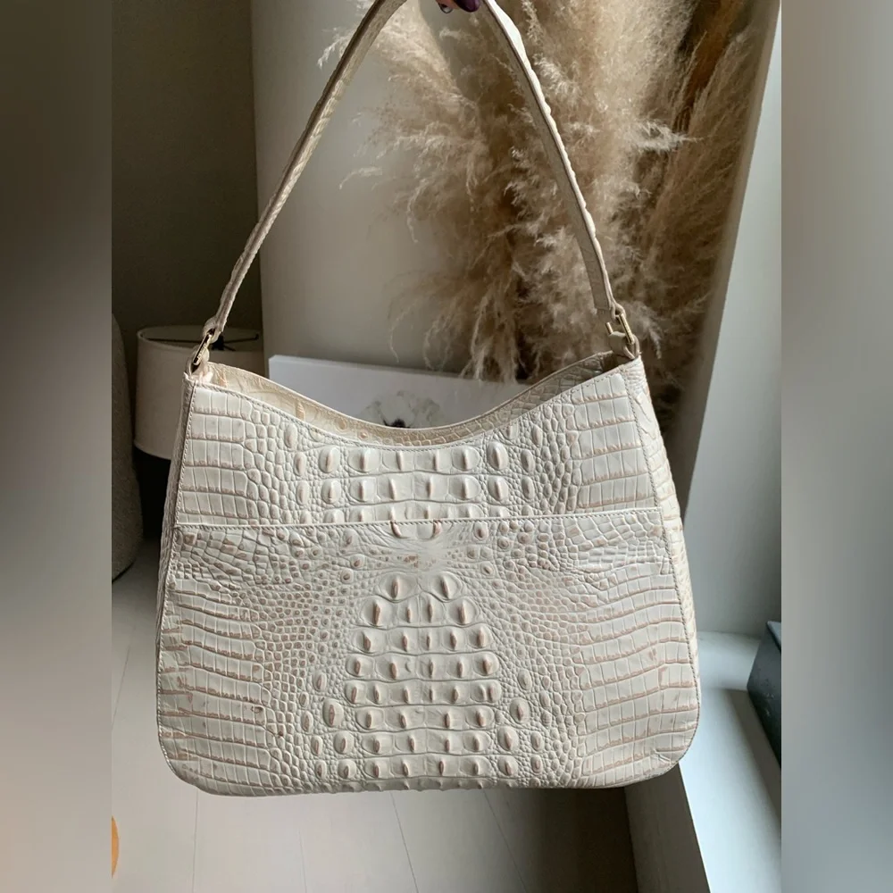 Brahmin Melbourne Vada Hobo Bag Leather Croc Embossed Cream Beige Spacious - Picture 5 of 14